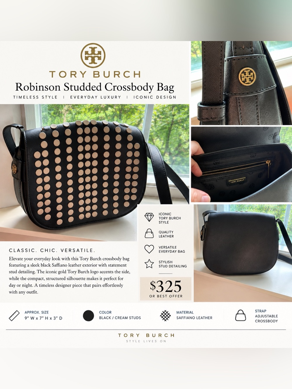 Tory Burch Black Crossbody with Cream Stud Detailing